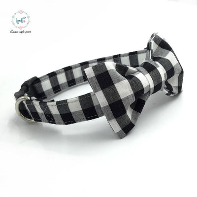 Black and white plaid dog collar set with bow tie