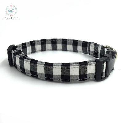 Black and white plaid dog collar set with bow tie