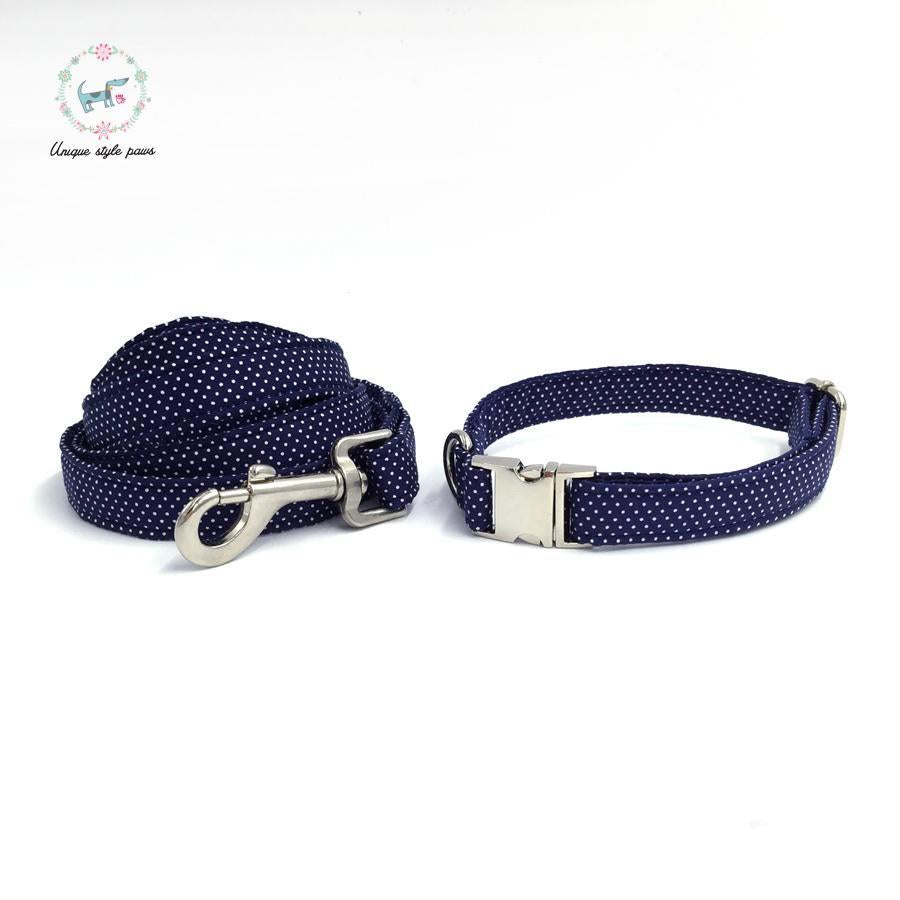 Navy blue polka dot dog collar and leash set with bow tie