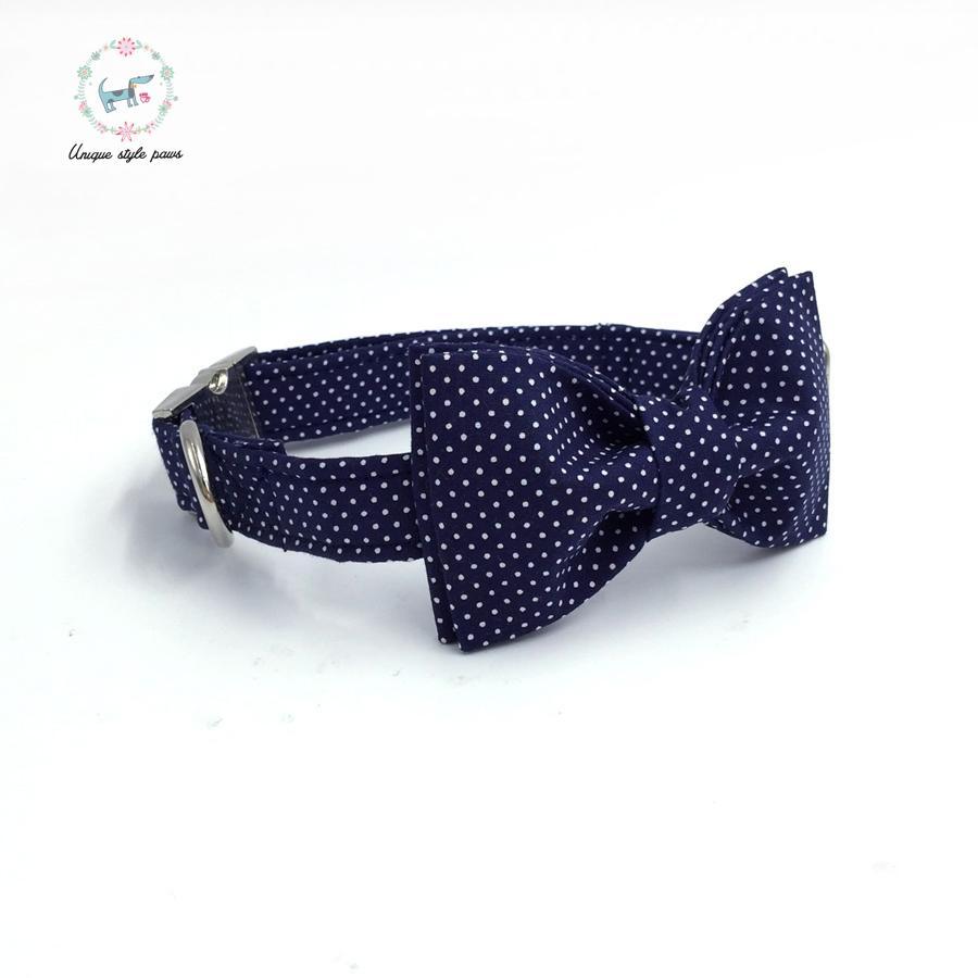 Navy blue polka dot dog collar and leash set with bow tie
