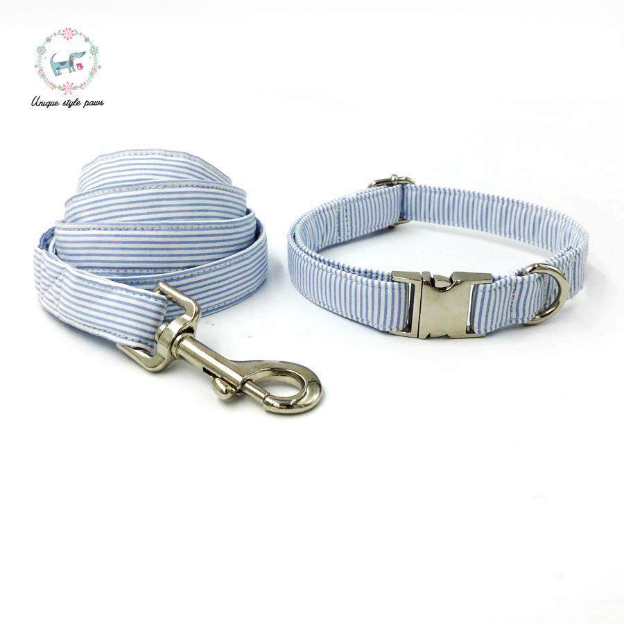 Blue striped dog collar set with bow tie and leash