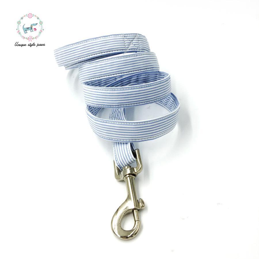 Blue striped dog collar set with bow tie and leash