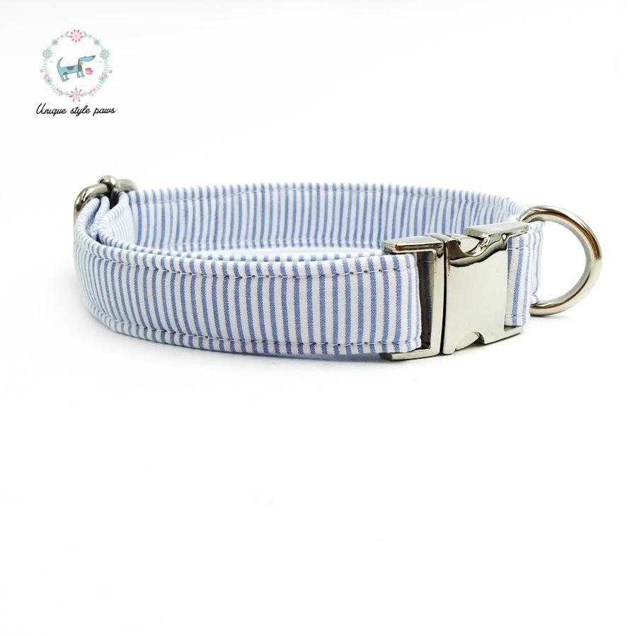 Blue striped dog collar set with bow tie and leash