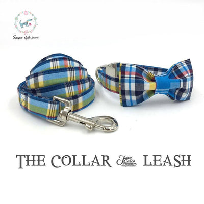 Blue Plaid Dog Collar and Leash Set with Bow Tie