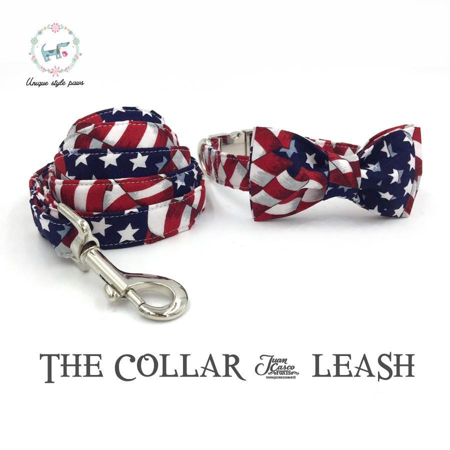 Stars and stripes dog collar and leash set with bow tie