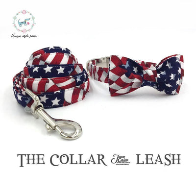 Stars and stripes dog collar and leash set with bow tie
