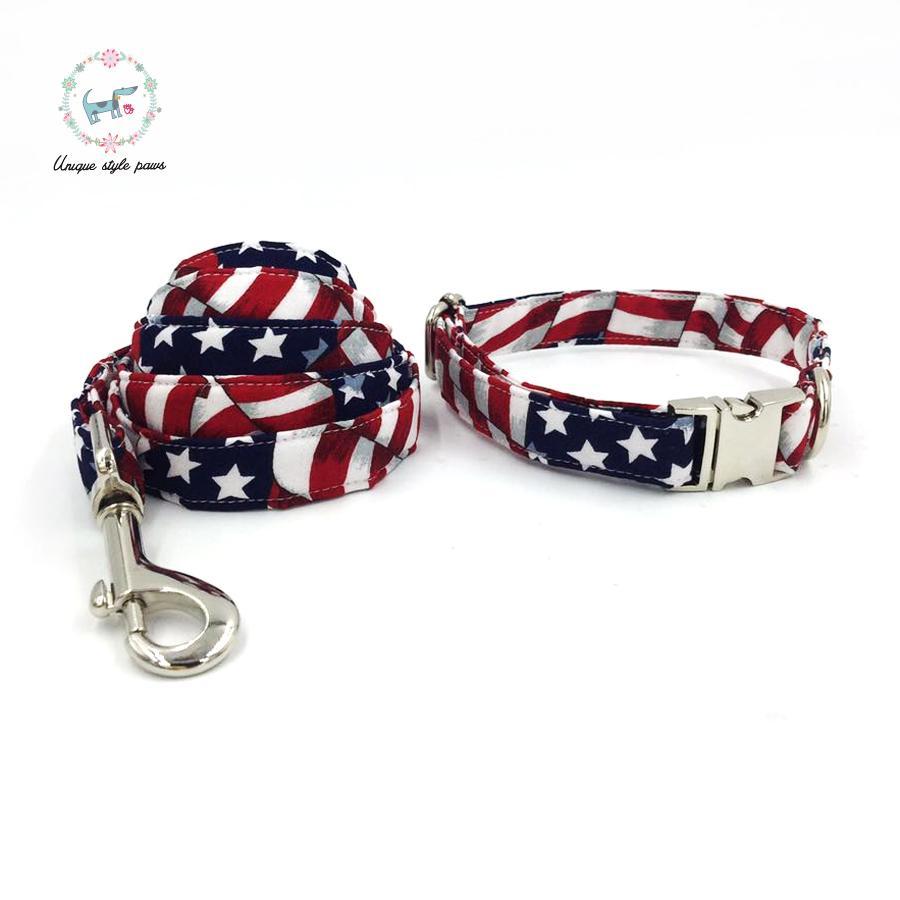 Stars and stripes dog collar and leash set with bow tie