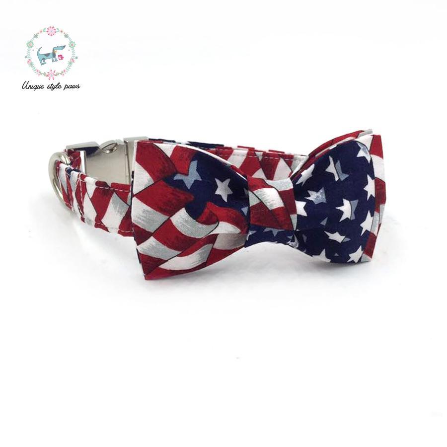 Stars and stripes dog collar and leash set with bow tie