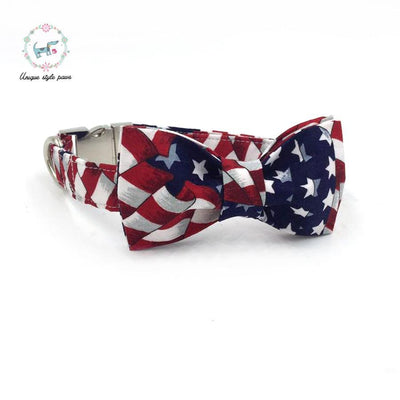 Stars and stripes dog collar and leash set with bow tie