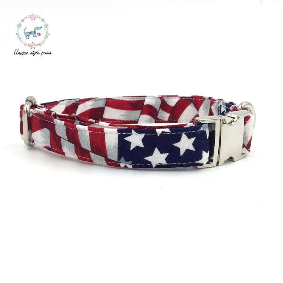 Stars and stripes dog collar and leash set with bow tie