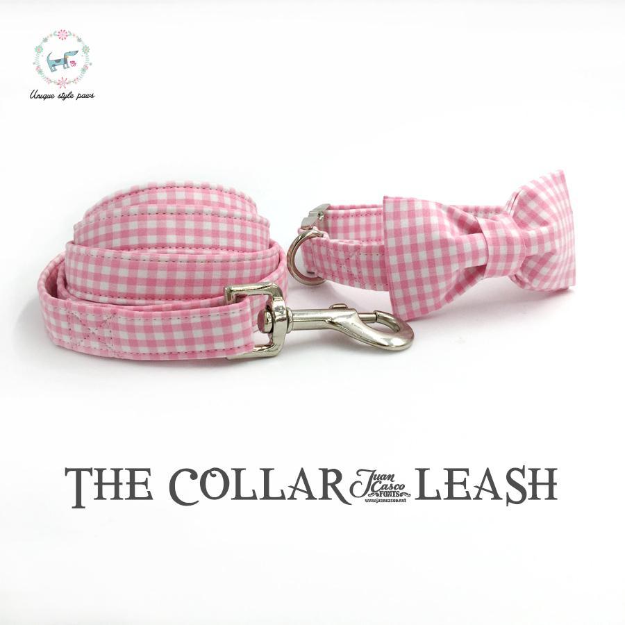 Pink and White Plaid Dog Collar and Leash Set with Bow Tie