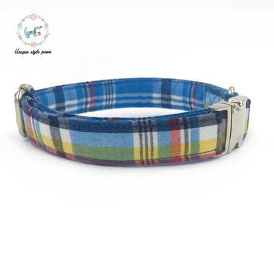 Blue Plaid Dog Collar and Leash Set with Bow Tie