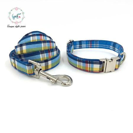 Blue Plaid Dog Collar and Leash Set with Bow Tie
