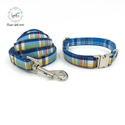 Blue Plaid Dog Collar and Leash Set with Bow Tie