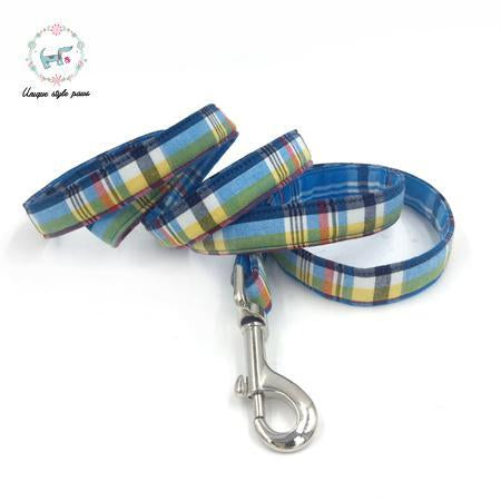 Blue Plaid Dog Collar and Leash Set with Bow Tie