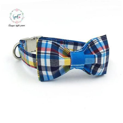 Blue Plaid Dog Collar and Leash Set with Bow Tie