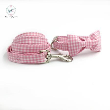 Pink and White Plaid Dog Collar and Leash Set with Bow Tie