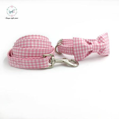 Pink and White Plaid Dog Collar and Leash Set with Bow Tie