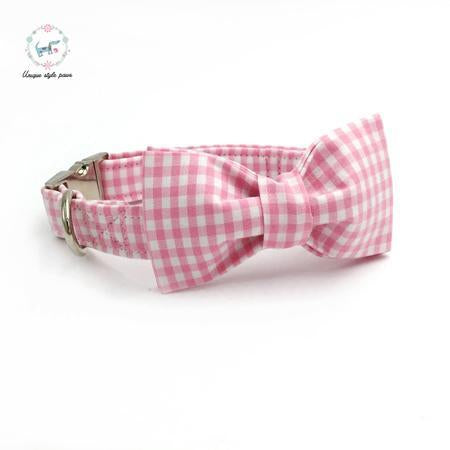 Pink and White Plaid Dog Collar and Leash Set with Bow Tie