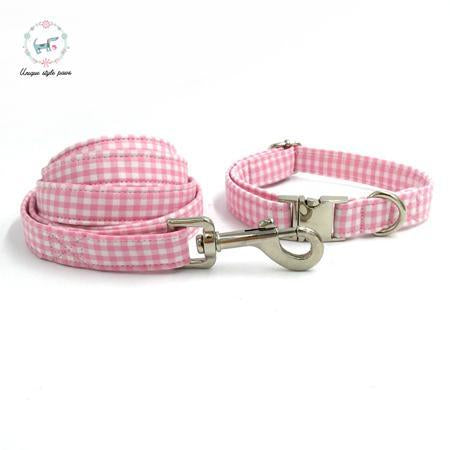 Pink and White Plaid Dog Collar and Leash Set with Bow Tie