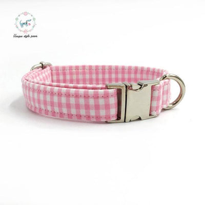 Pink and White Plaid Dog Collar and Leash Set with Bow Tie