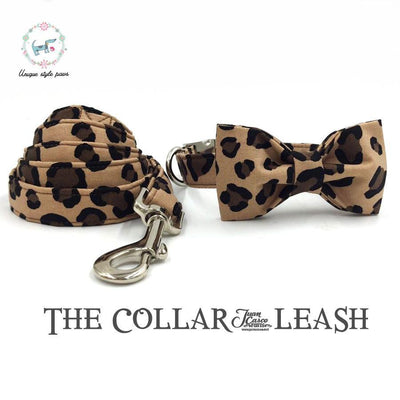 The leopard print dog collar and leash set with bow tie