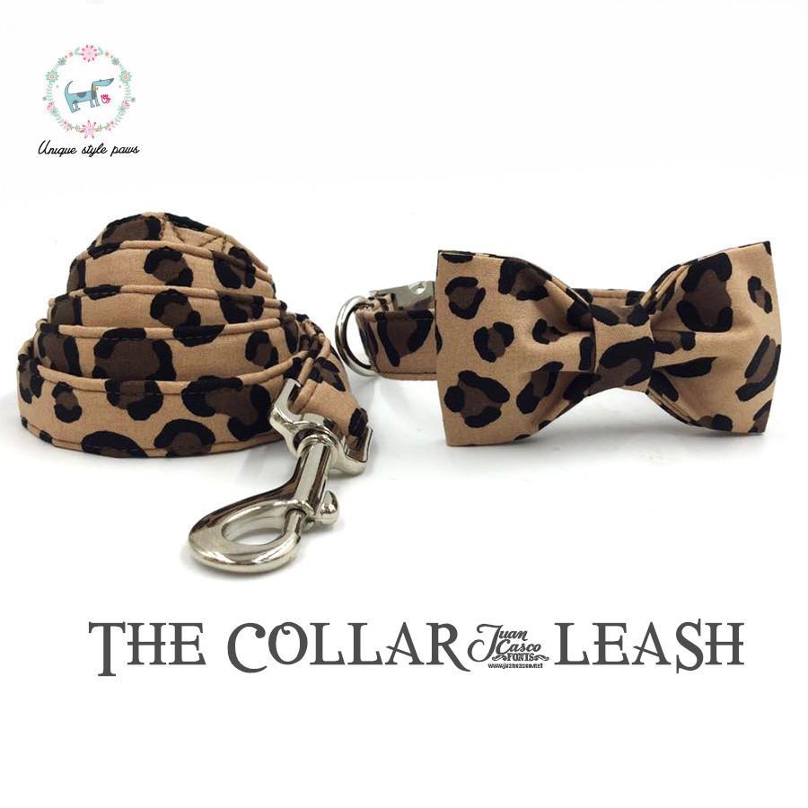 The leopard print dog collar and leash set with bow tie