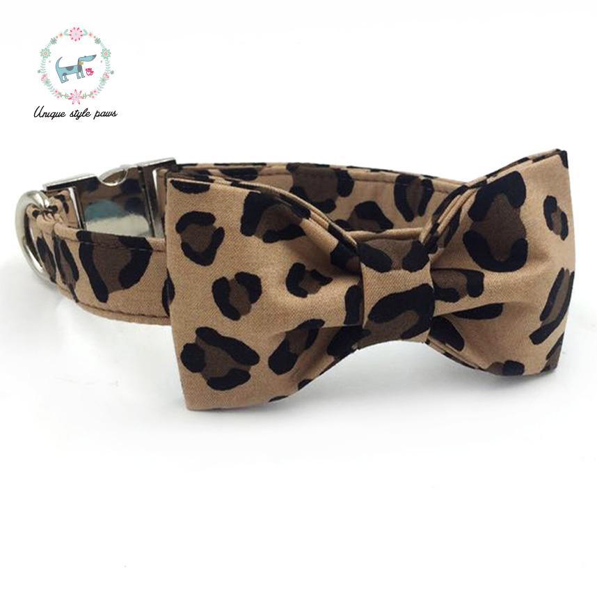 The leopard print dog collar and leash set with bow tie