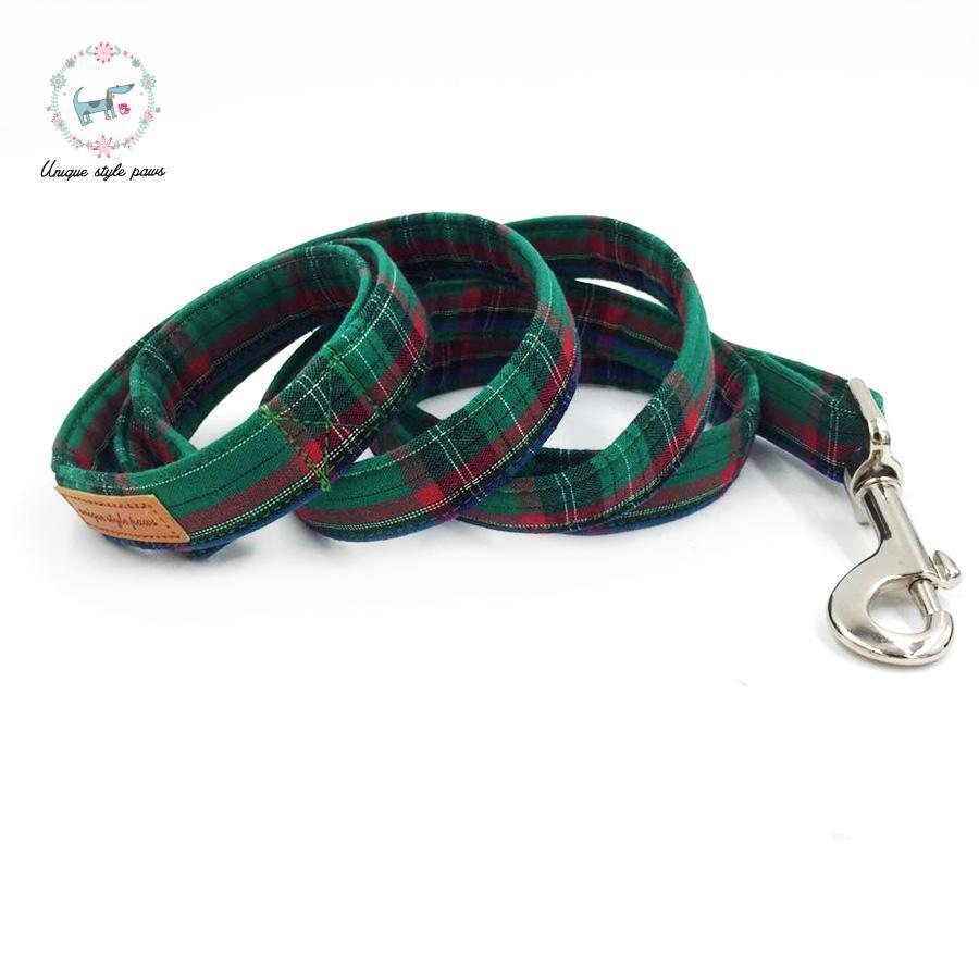 Dark Green Plaid Dog Collar and Leash Set with Bow Tie