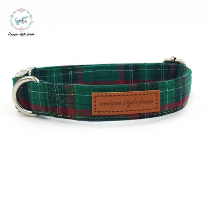 Dark Green Plaid Dog Collar and Leash Set with Bow Tie