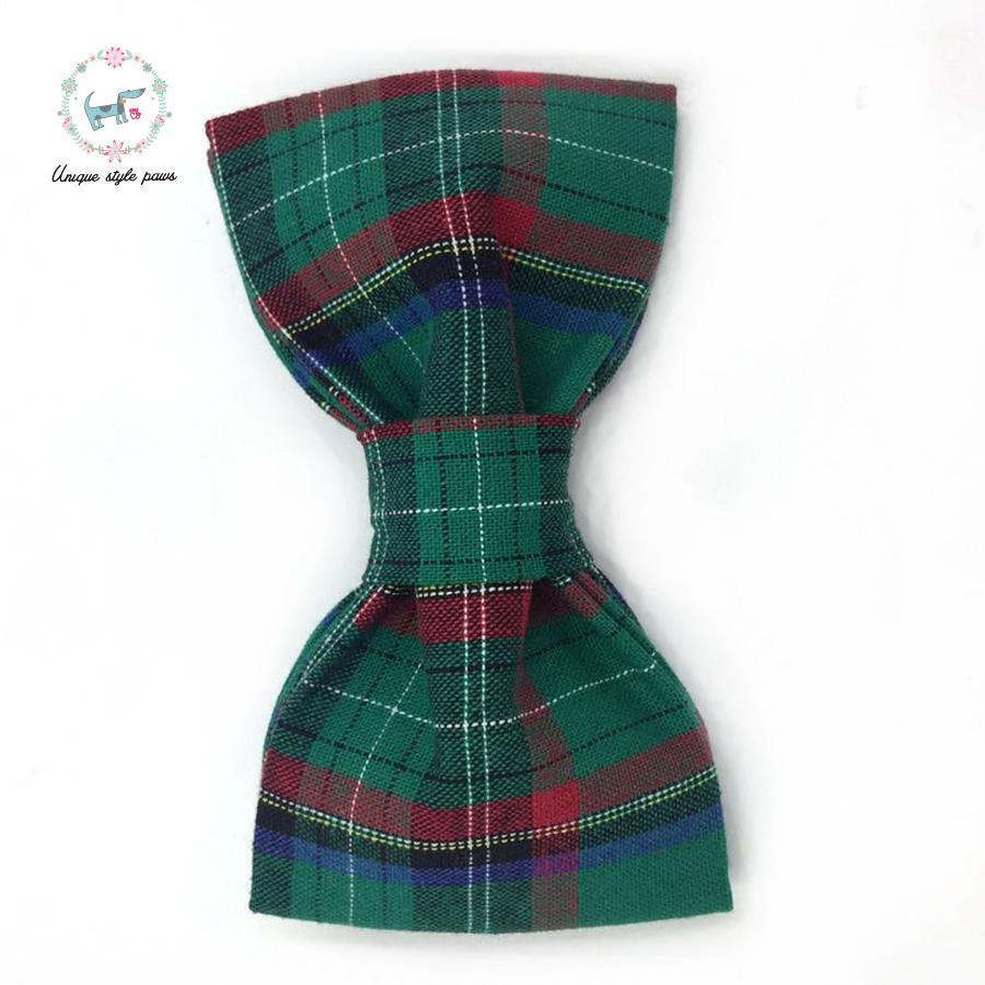 Dark Green Plaid Dog Collar and Leash Set with Bow Tie
