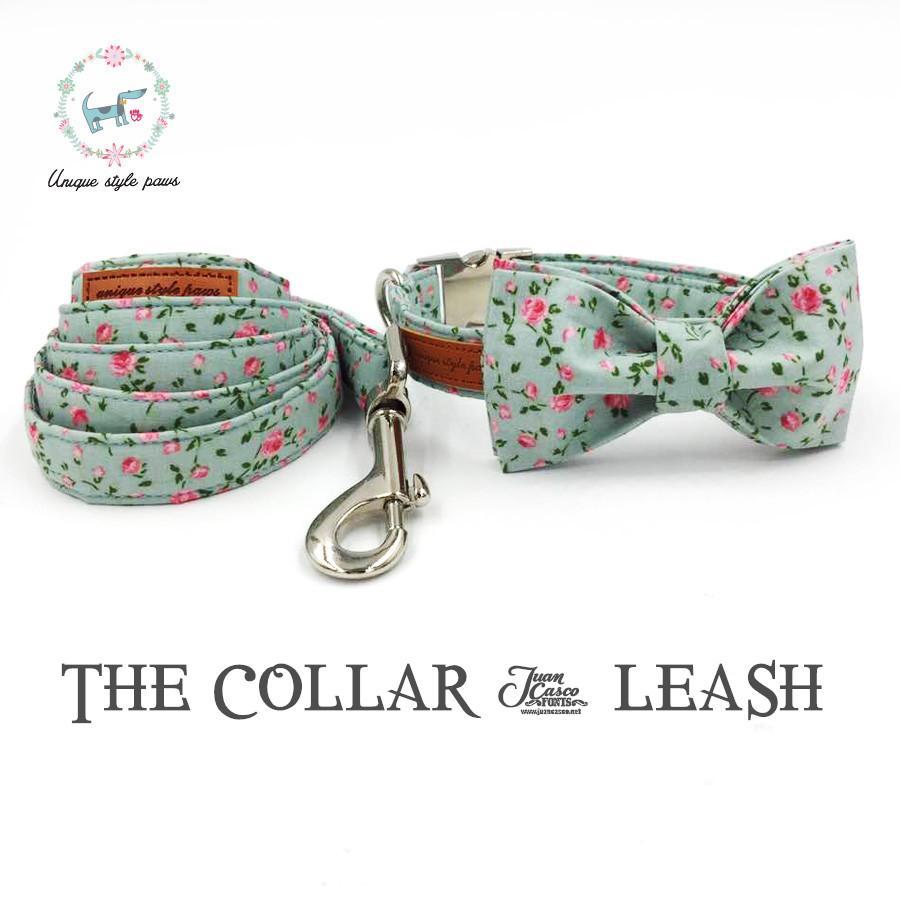 Pretty Rose Floral Dog Collar and Leash Set with Bow Tie