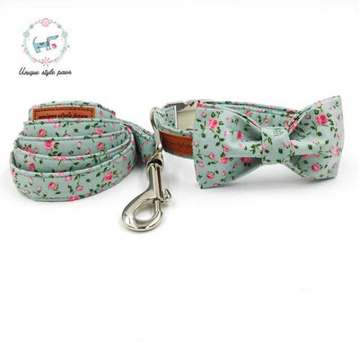 Pretty Rose Floral Dog Collar and Leash Set with Bow Tie