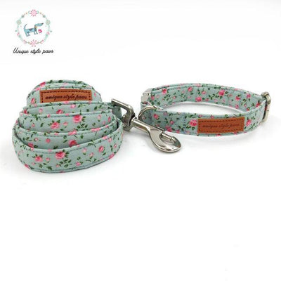 Pretty Rose Floral Dog Collar and Leash Set with Bow Tie