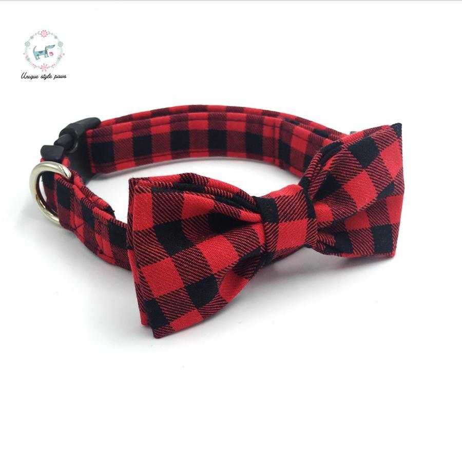 Red and black plaid dog collar set with bow tie