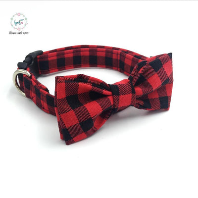 Red and black plaid dog collar set with bow tie