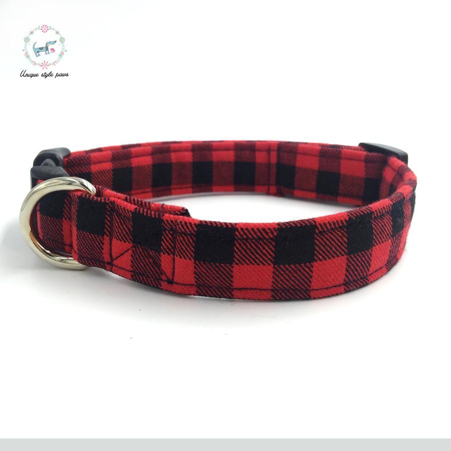 Red and black plaid dog collar set with bow tie