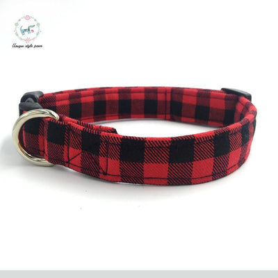 Red and black plaid dog collar set with bow tie