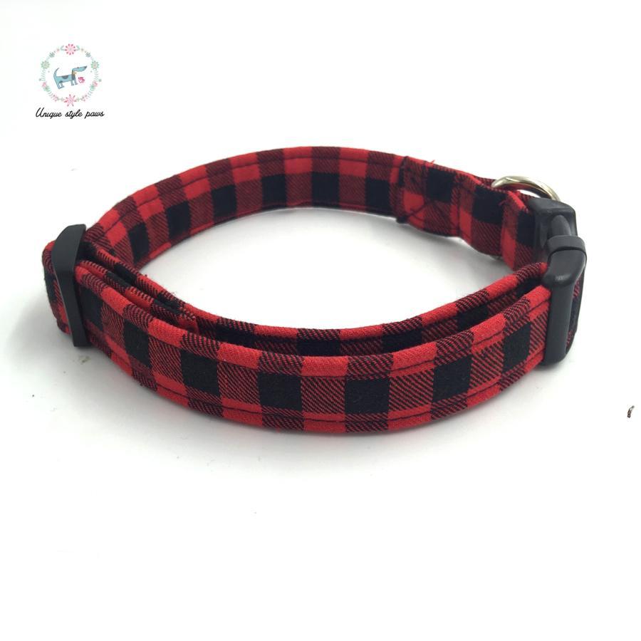 Red and black plaid dog collar set with bow tie