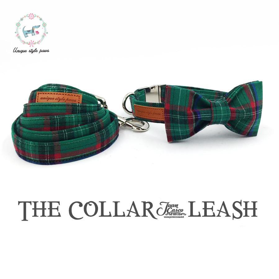 Dark Green Plaid Dog Collar and Leash Set with Bow Tie