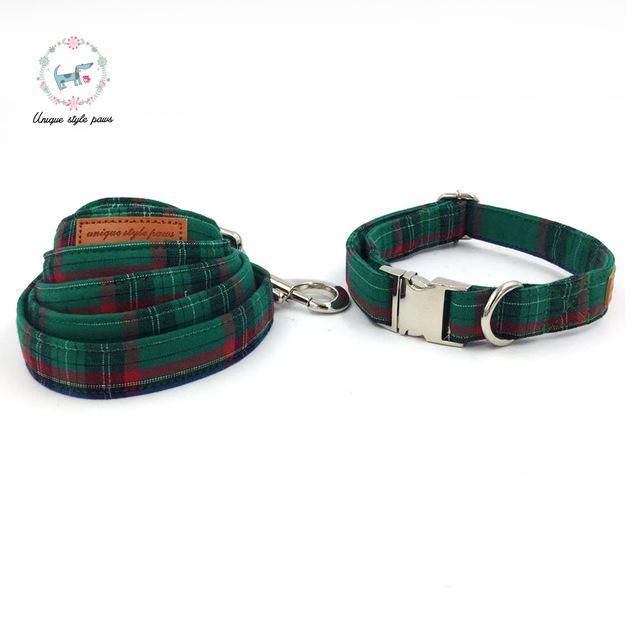 Dark Green Plaid Dog Collar and Leash Set with Bow Tie