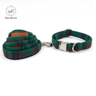 Dark Green Plaid Dog Collar and Leash Set with Bow Tie