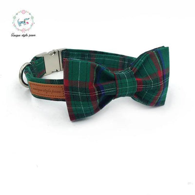 Dark Green Plaid Dog Collar and Leash Set with Bow Tie