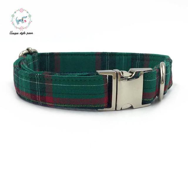 Dark Green Plaid Dog Collar and Leash Set with Bow Tie