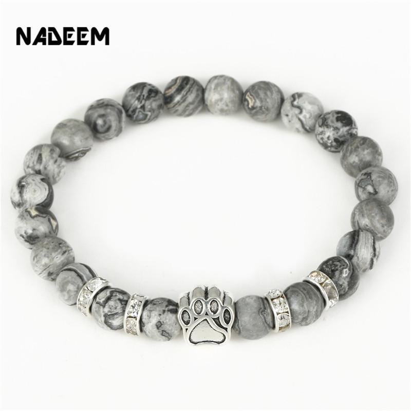 Dog Paw Print Natural Stone Mala Bead Yoga Bracelet