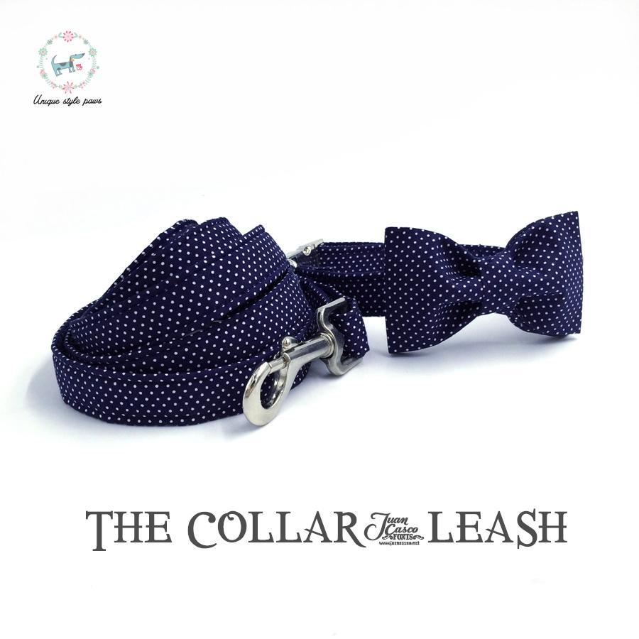 Navy blue polka dot dog collar and leash set with bow tie