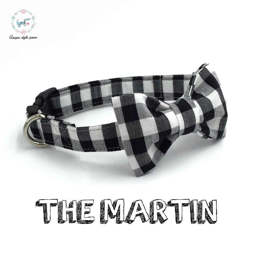 Black and white plaid dog collar set with bow tie
